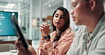 Teamwork, workshop and tablet with business people in meeting for statistics, planning and company report. Speaker, project management and discussion with employees for feedback, research and review