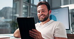 Man, tablet and happy for writing in office, solution or results with stats, graphs and progress at startup. Person, smile and digital touchscreen with app, notes and charts for project at company