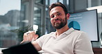 Man, tablet and face with writing in office, solution or results with stats, graphs and progress at startup. Person, smile and digital touchscreen with app, notes and charts for project in Portugal