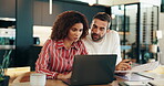 Paperwork, laptop and planning with couple in kitchen for loan payment, bills invoice or banking documents. Mortgage, finance and insurance review with man and woman at home for budget and discussion