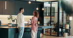 Talking, real estate agent and woman with tablet, man and consultation for tour of apartment or home. People, customer and property manager with tech for rental, house and discussion for budget
