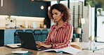 Laptop, typing and woman with document for remote work, accounting or bookkeeping in home. Computer, reading paperwork and freelance auditor with profit report, budget review or financial information