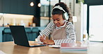 Laptop, headphones and child with video call, elearning lesson and education for knowledge. Home school, technology and girl student wave for hello, virtual class and remote assignment in house