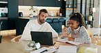 Child, laptop and dad help with video call, elearning and education for knowledge growth. Computer, student and father with advice, homework and virtual assessment or online school for development