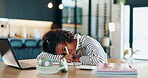 Laptop, tired  girl and sleep with homework, elearning lesson and education for knowledge. Home school, technology and child student nap for streaming, virtual class and remote assignment in house