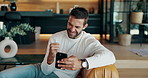 Phone, reading and success with man on sofa for online betting, sports score and winner. Excited, good news and fist pump with person and mobile in living room of home for gambling app and prize