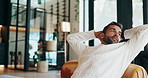 Happy, relax and man in home on sofa for resting, calm and chill on weekend in living room. Remote worker, freelance and person on break on couch for confidence, pride and happiness in apartment
