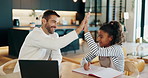 Student, laptop and dad high five with education, elearning and success for knowledge growth. Computer, child and father with advice, homework and virtual assessment or online school for development