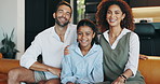 Face, parents and child with smile on sofa for bonding together, security or love relationship. Interracial family, people and happy in living room for support, protection or relax with trust in home