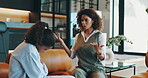Discipline, sofa and conflict with mother and daughter for conversation, anger and fight. Speaking, mistake and advice with woman and child in living room of family home for lesson and attention