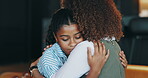 Hug, support and care with mother and daughter for mental health, depression and bonding together. Love, empathy and trust with woman and child in living room of family home for helping and attention
