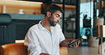 Disappointed, online and man with tablet, home and thinking of loss on bet, internet and living room. House, contemplating and bad news for person in lounge, gambling addiction or fail on competition
