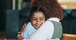 Family, hug and mom with child in home for bonding, love and healthy relationship in living room. Happy, parenting and young girl with mother embrace for affection, support and relaxing in house