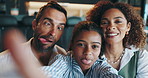 Funny face, happy family and selfie with child in home for love, kiss and interracial parents. Portrait, mother and father with playful kid for silly photography, pov or social media with tongue out