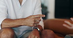 Argue, fight and hands of couple in home for conflict, frustrated and talking for cheating. Relationship, marriage and people with upset, pointing and blame for disagreement, discussion and crisis
