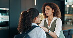 Love, mother and child with getting ready in home for school preparation, learning support and discussion. Family, woman and fix shirt of girl student for morning routine, relationship and bonding