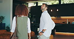 Real estate, couple and viewing new home, living room and back at property for house hunting on tour. Man, interracial woman and relocation, moving and inspection with mortgage for purchase decision