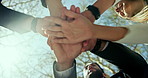 Below, outdoor and business people with celebration, teamwork and success with b2b deal. Group, employees and hand gesture for company growth, achievement and motivation with development and cheering