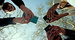 Business people, hands or network with phone below for data sync, sharing or team collaboration at park. Low angle, group or employees with mobile smartphone for connectivity or texting app in nature