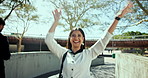 Business, outdoor and woman with smile, dancing and celebration with positive feedback. Portrait, happy person or employee in city, energy or carefree with expression, movement or excited in New York