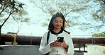 Business, walking and woman with cellphone, typing and internet with communication. Person, outdoor and entrepreneur with smartphone, online schedule or connection with digital app, email or message