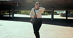 Late, business woman and running in city, check watch or time management on morning commute to work. Hurry, rush or employee on urban street with handbag for travel or urgent deadline with fast speed
