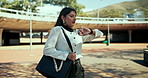 Business woman, running and late with watch for travel, commute or delay in rush at city. Female person, employee or speed with wristwatch for deadline, busy schedule or lack of time in an urban town