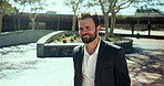 Happy, businessman and walking with briefcase for travel, trip or local commute to work in city. Man, employee or strolling with bag for business, new career or job opportunity in an urban town