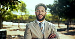 Face, confident and man as lawyer in city for travel, morning commute and about us. Portrait, male attorney and arms crossed with career ambition, economy consultant and justice for legal opportunity