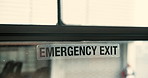 Bus, travel and emergency exit with safety, sign and public transportation with communication. Empty, vehicle and commute with urban journey, security and road policy for passenger and city service