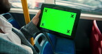 Green screen, passenger and person with tablet, travel or employee on public transport with mock up space. 
Morning, worker and trip on bus with tech, tracking markers or commuting to work in vehicle