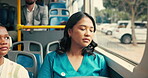 Bus, tired nurse and sleep by window for journey, commute and travel to work in city. Public transport, passenger and woman nap on vehicle for trip, destination or traffic in town for morning routine