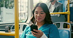 Bus, notification and nurse with phone for message, commute and travel to work in city. Public transport, passenger and woman on journey for trip, destination and traffic in town for morning routine