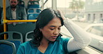 Nurse, travel and woman with sleeping on bus with shift burnout, healthcare fatigue or morning commute. Exhausted, health professional or nap on public transport for medical service, journey or tired