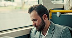 Business, man and travel on bus with sleeping for burnout, corporate fatigue and morning commute. Exhausted passenger, professional and nap on public transport for work journey, dreaming and tired