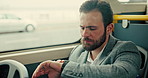 Bus, check time and business man with watch in city for journey, commute and travel to work. Public transport, passenger and person in a rush for appointment, meeting and schedule on vehicle in town