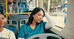 Bus, tired nurse and nap by window for journey, commute and travel to work in city. Public transport, passenger and woman sleep on vehicle for trip, destination or traffic in town for morning routine