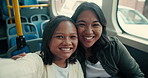 Mother, girl and selfie in bus with face, smile and hug with travel, family or love with trip to city. People, mom and child with photography, memory or profile picture for social media in Indonesia