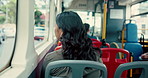 Bus, window and back of woman in city for travel, journey and commute in urban town for sightseeing. Public transport, passenger and person on vehicle for tourism adventure, trip and destination