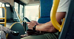 Bus, travel and man with smartphone, hands and typing with social media, connection and commute. Closeup, morning and person with cellphone, internet and communication with message to contact and app