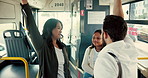 People, bus and travel with conversation, commute and morning with city service. Mother, daughter or passengers with public transportations, discussion or smile with urban journey or traffic with kid