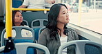 Bus, thinking and Asian woman by window for travel, journey and commute in urban town for sightseeing. Public transport, passenger and person on vehicle for adventure, trip and destination in city
