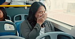 Woman, yawn and tired in bus on commute from workplace with fatigue, burnout and narcolepsy by window. Person, passenger and drive with breathing, exhausted and public transport for job in town
