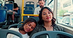 Mother, girl and sleep in bus with commute, smile and rest with care, bonding and love with trip in city. People, mom and child with public transportation, memory or adventure with drive in town