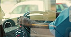 Bus, hands and driver with window, man and public transportation with city service. Person, employee and travel with steering wheel, route or skills with traffic, safety and urban journey in New York