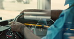 Bus, travel and driver with hands, man or public transportation with city service. Person, employee or closeup with steering wheel, route or schedule with traffic, safety or urban journey in New York