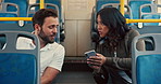 Bus, travel and people with cellphone, help and typing with connection, urban journey and commute. Conversation, morning and person with smartphone, internet and communication with direction and app