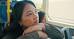 Bus, tired and travel with woman, thinking and fatigue with end of day, exhausted and thoughtful. Trip, passengers and person in vehicle, public transportation and daydreaming with urban journey