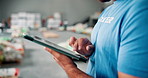 Hands, person or volunteer with tablet in warehouse for charity,  or community service app. Nonprofit outreach, notification or NGO activist with technology for online donation, inventory or poverty