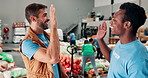 Happy men, volunteer and high five with teamwork at warehouse for success, NGO or community service. Male people, employees or donations with smile for charity campaign, food or social responsibility